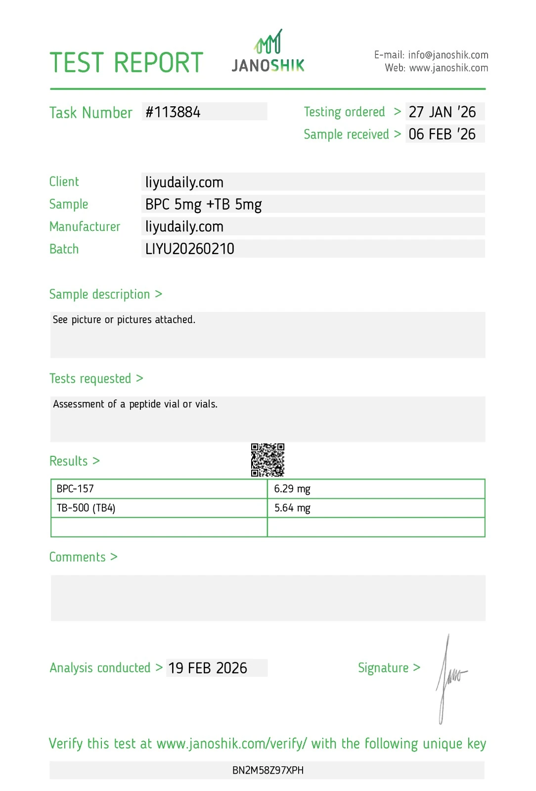 COA certificate — BPC + TB — batch LIYU20260210