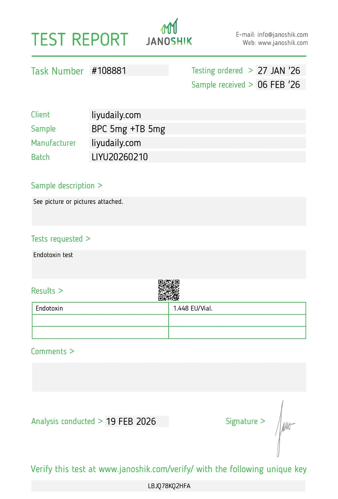 COA certificate — BPC + TB — batch LIYU20260210